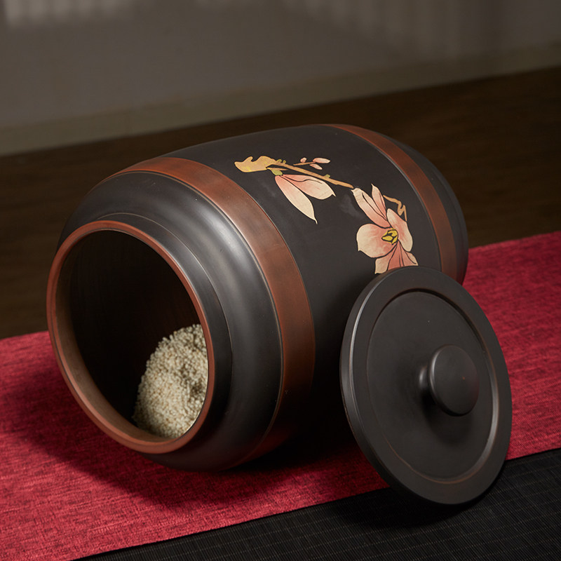 陶瓷米缸带盖家用建水紫陶大米大号米桶密封米桶