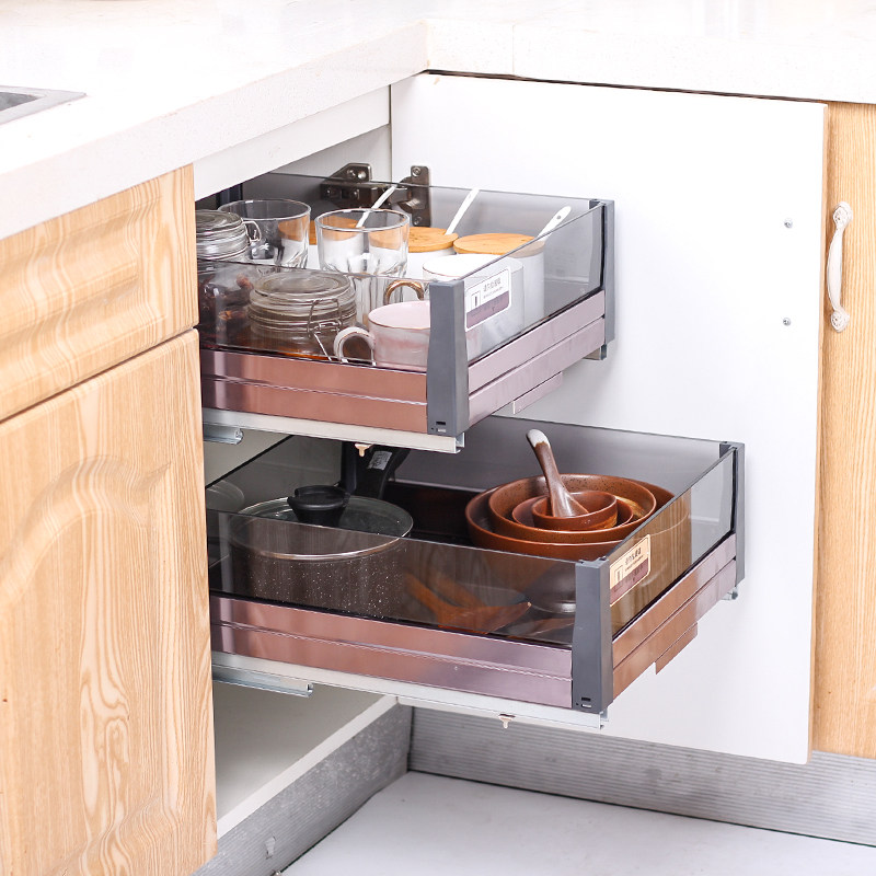 双层时尚抽拉抽屉太空铝钢厨房橱柜阻尼尺寸拉篮