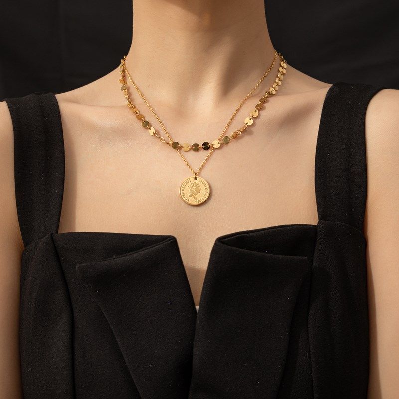 故里轻奢欧美风气质双层女王头像钱币项链女网项链