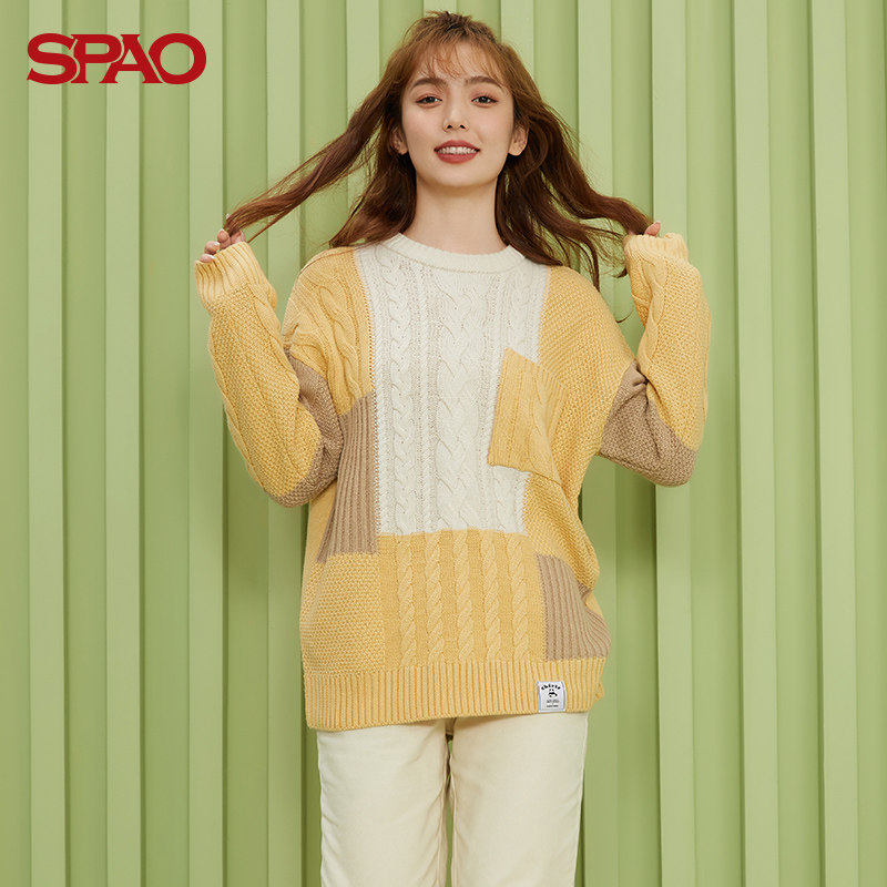 长袖spao女装春夏季时尚针织圆领套头拼色直筒型毛衣