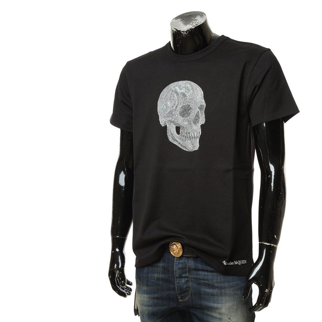 alexandermcqueen麦昆男潮潮牌刺绣亮片骷髅头短短袖t恤