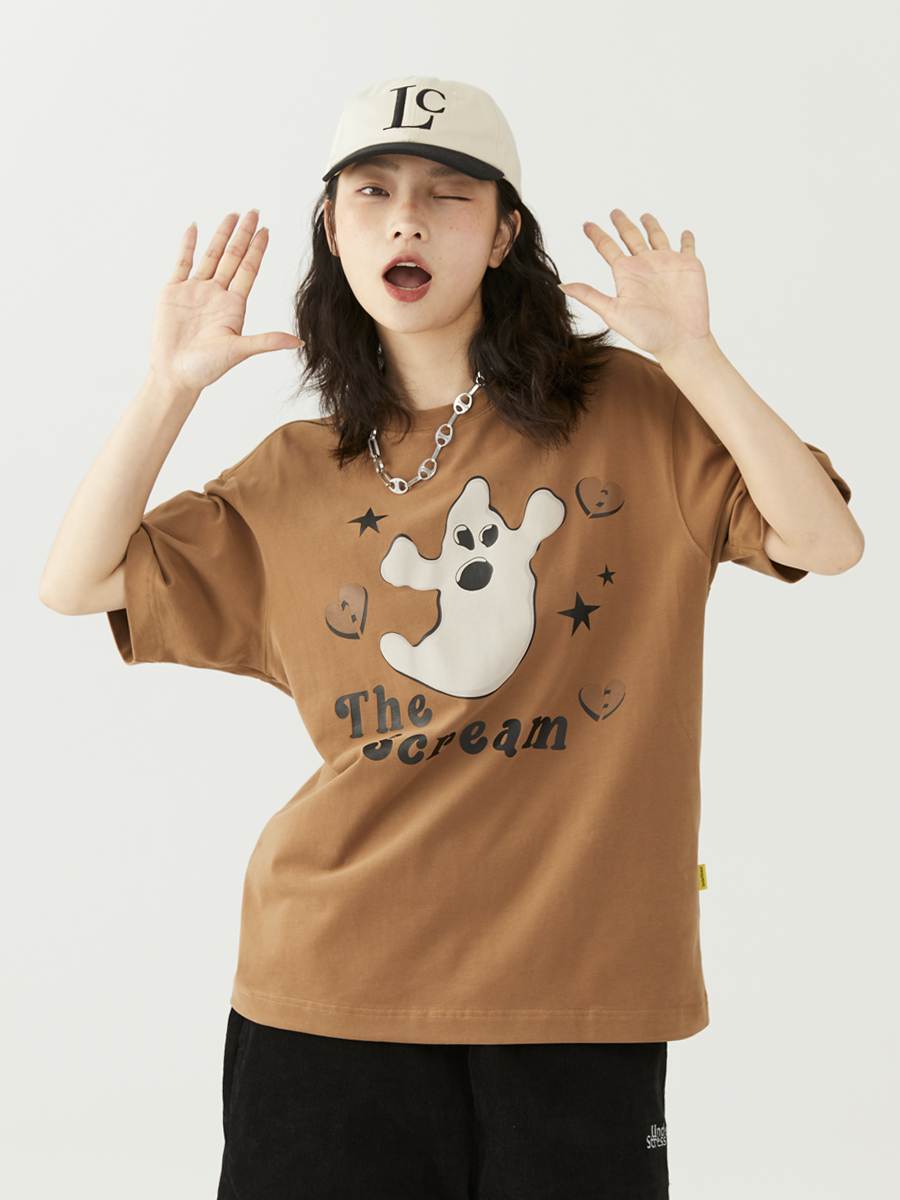 UnderStress尖叫幽灵情侣短袖宽松潮牌圆领咖啡棕T恤国潮半袖夏季