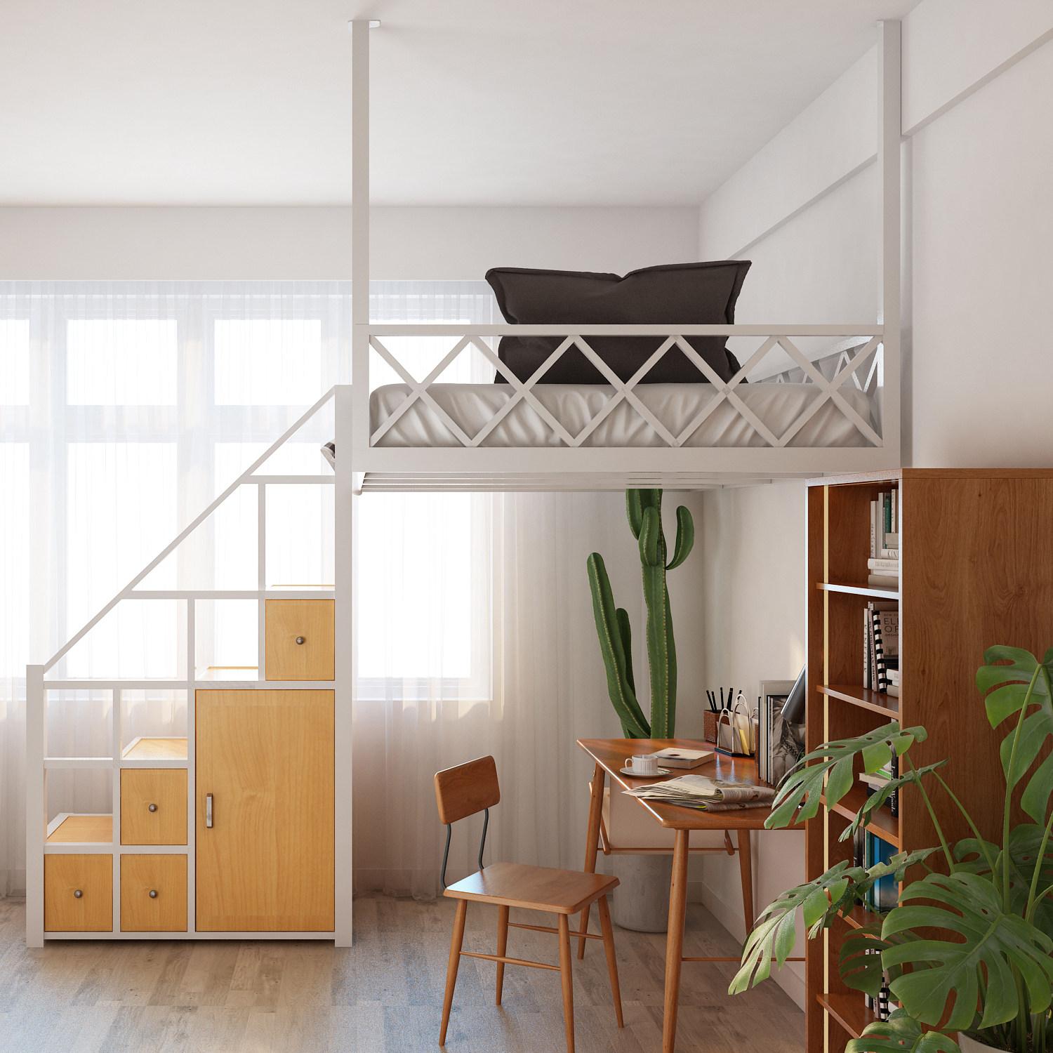 高架床小户型阁楼式床省空间复式二楼床上床下桌单身公寓双人床