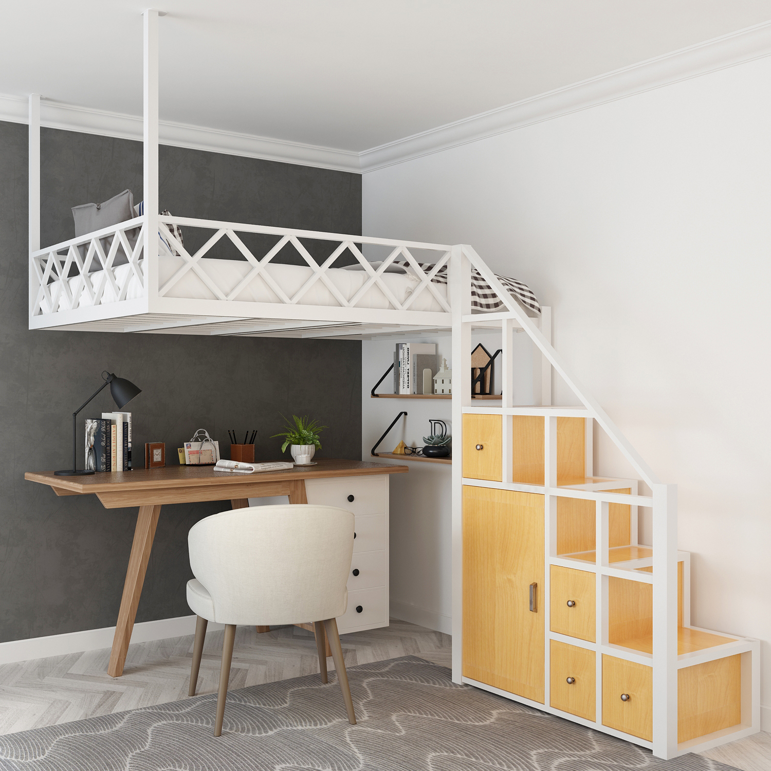 高架床小户型阁楼式床省空间复式二楼床上床下桌单身公寓双人床