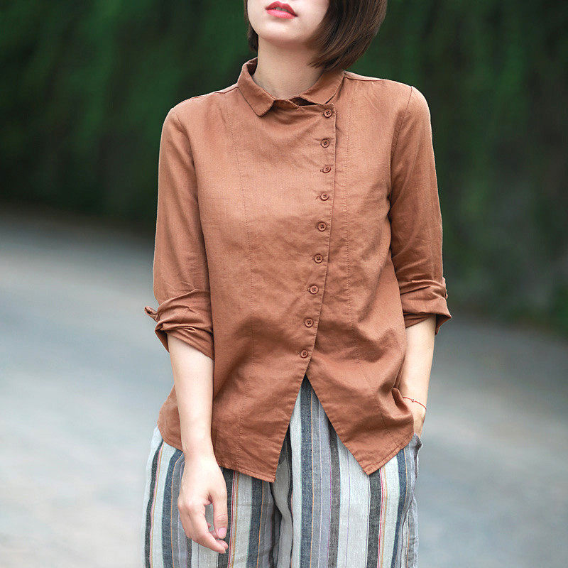 秋新款棉麻女装 复古文艺休闲斜襟宽松上衣纯色亚麻翻领长袖衬衫 - 添
