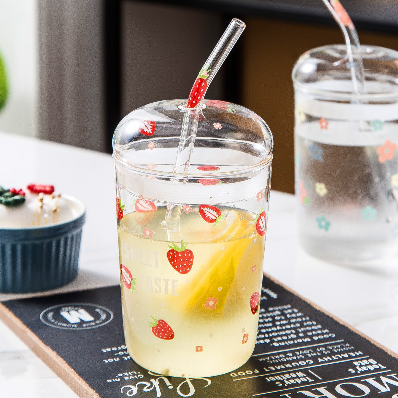 网红创意简约玻璃杯ins清新森系水杯女带吸管玻璃杯