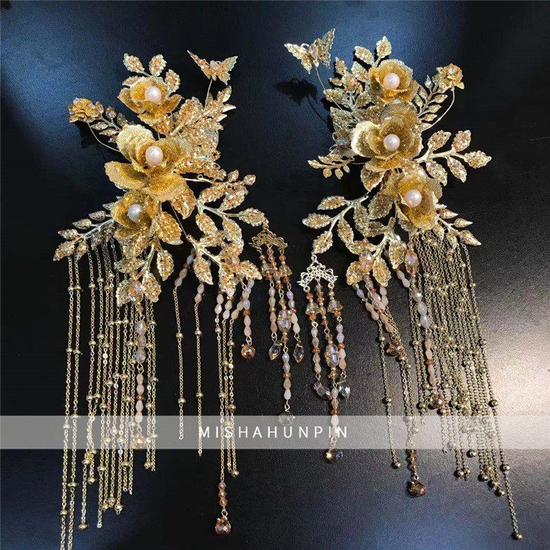 新款中式古装头饰金色花朵水晶流苏发饰新娘结婚秀禾服龙凤褂发簪