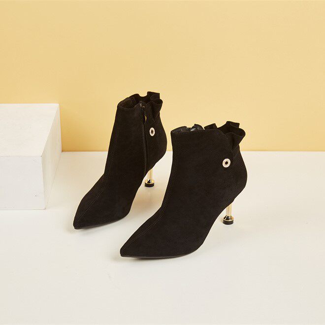 短靴reddragonfly红蜻蜓尖头猫跟高跟鞋绒面细跟gyc96248时装靴