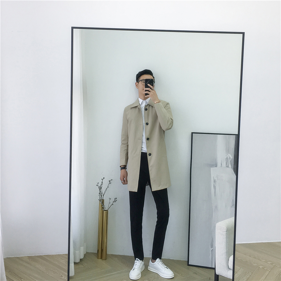 男2021春秋新款韩国简约中长款翻领卡其风衣修身帅气潮流外套休闲