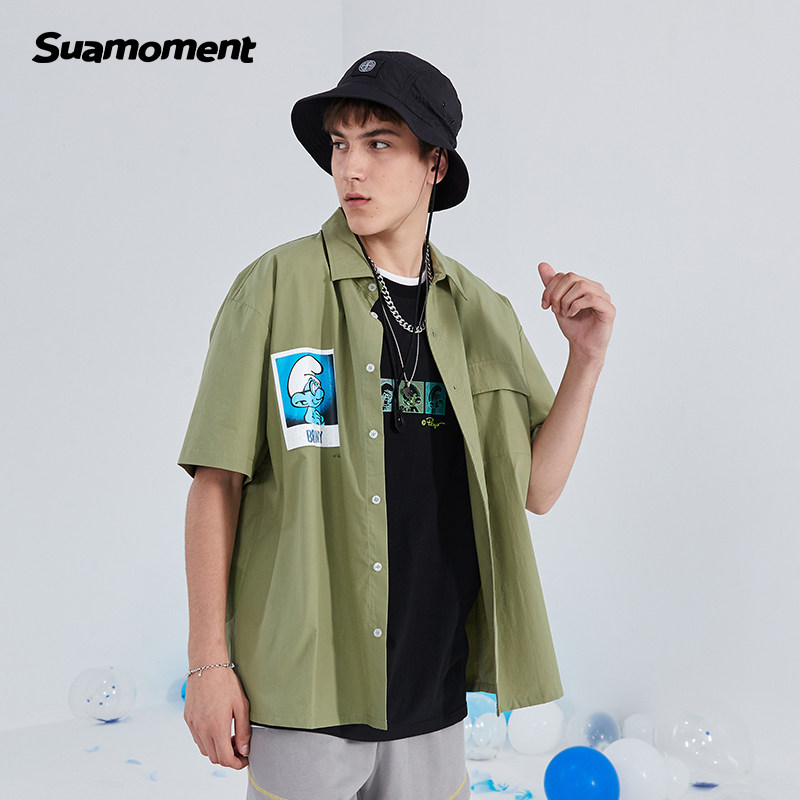 suamoment夏季衬衣衬衫白衬衫血爪短袖照片影像联名衬衫