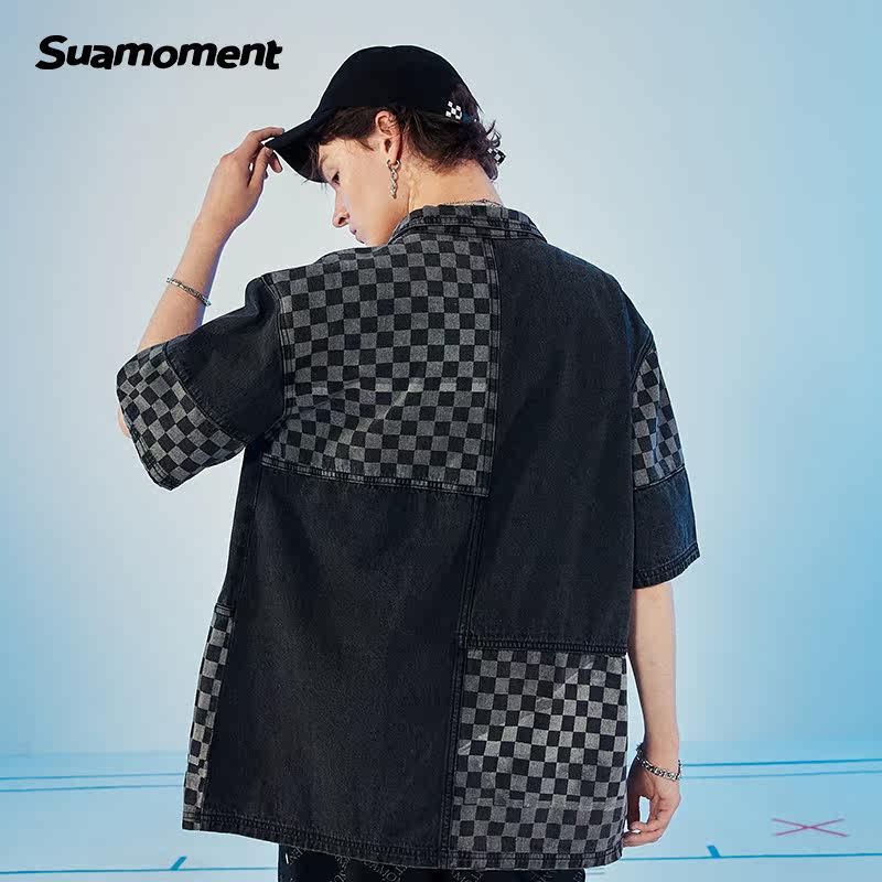 suamoment抓痕棋盘格牛仔拼接痞帅衬衫夏季薄款半袖衬衫