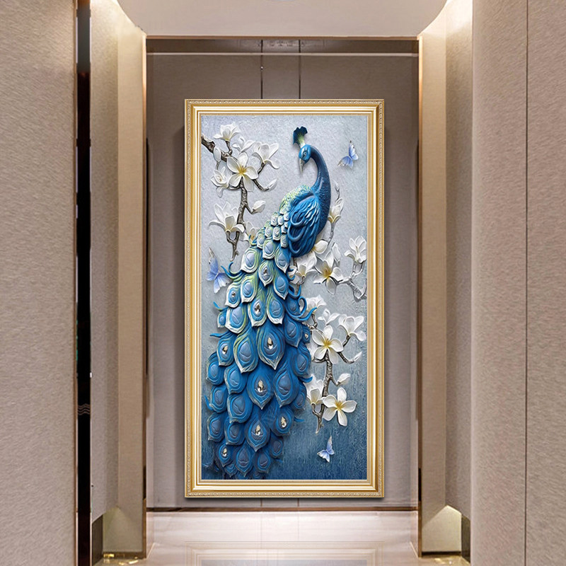 入户玄关装饰画孔雀壁画过道挂画走廊竖版客厅油画欧式画现代简约