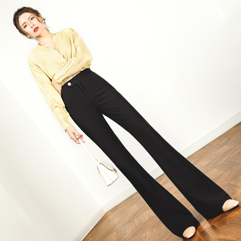 黑色垂感阔腿裤女2023春季新款微喇高腰直筒裤子显瘦拖地喇叭长裤