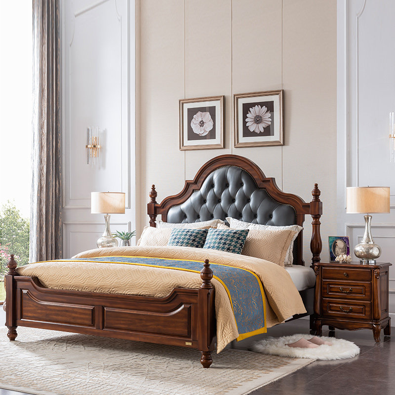 威灵顿美式实木木床简约欧式双人床18米真皮简美皮艺床
