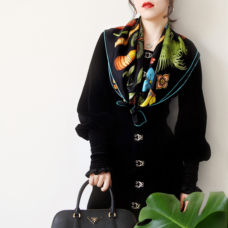 春季搭配气质单品黑色显亮斜纹厚款真丝大方巾桑蚕丝丝巾女