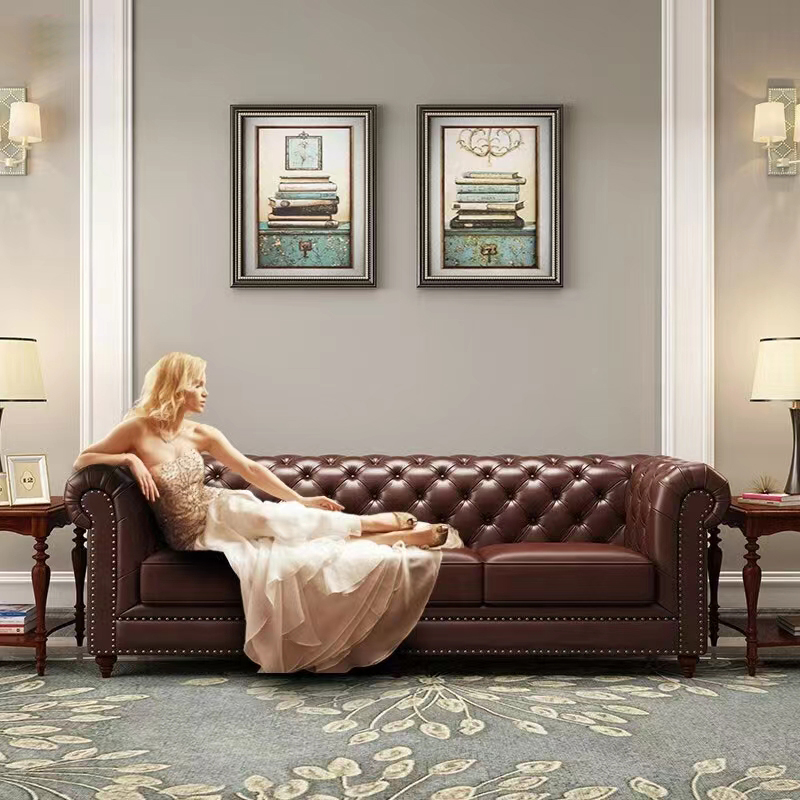 美式真皮沙发头层牛皮复古做旧客厅皮艺沙发拉扣棕色欧式轻奢经典