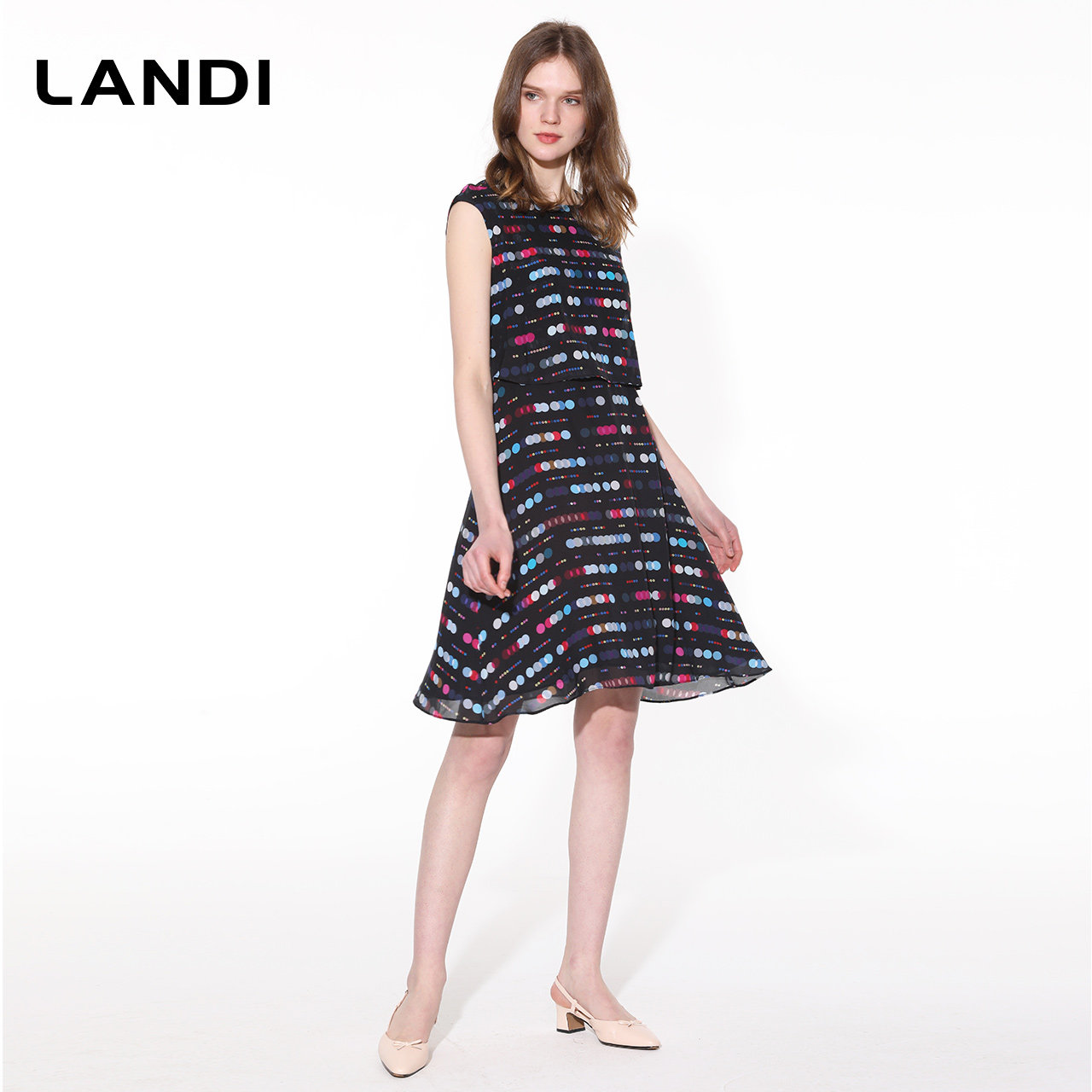 landi蓝地无袖高腰印花桑蚕蚕丝松紧连衣裙长裙连衣裙