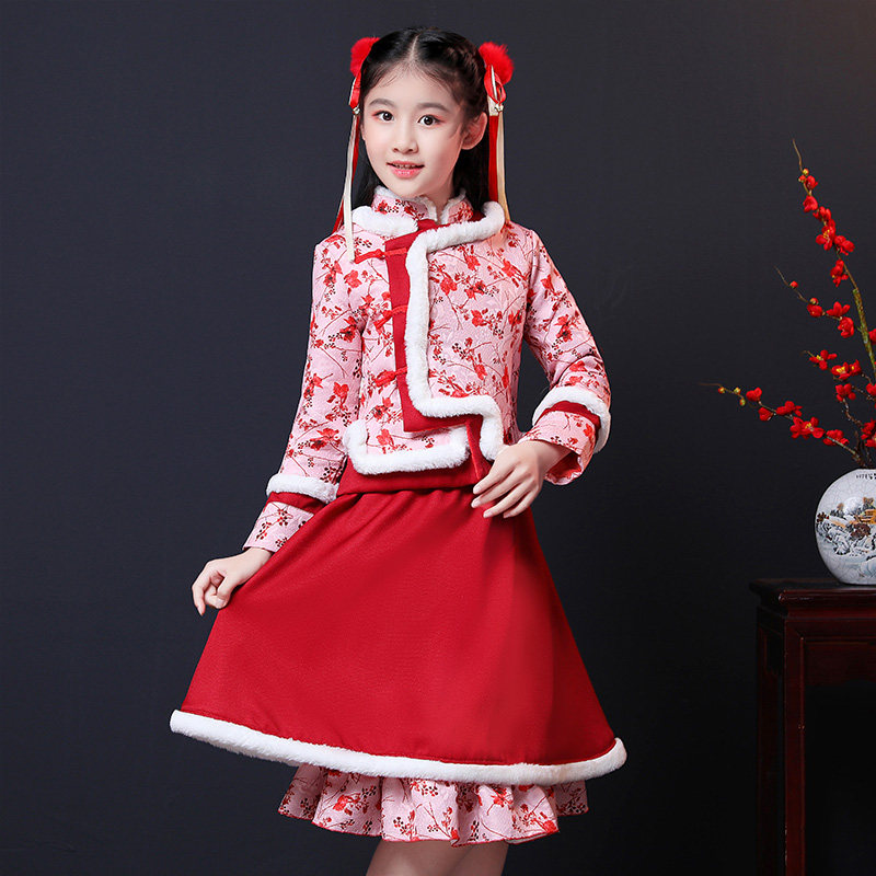 儿童唐装女冬汉服女童复古加厚女孩新年衣服唐装