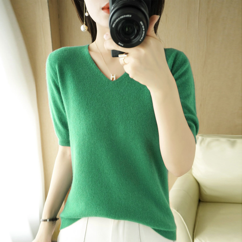 bxlm春秋短袖羊毛衫半袖夏季毛衣修身羊绒衫薄款毛针织衫