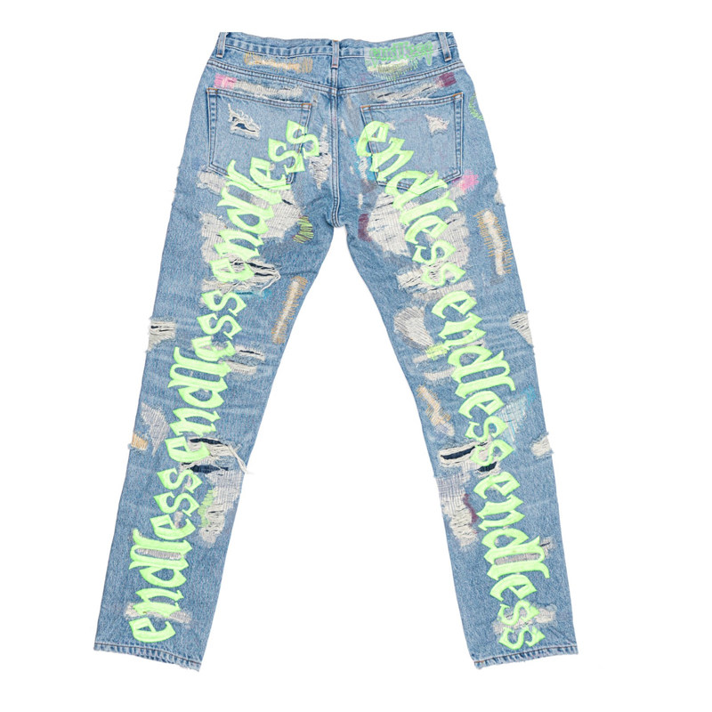 vlone2020限定asaprocky同款水洗做旧破洞刺绣字母牛仔裤