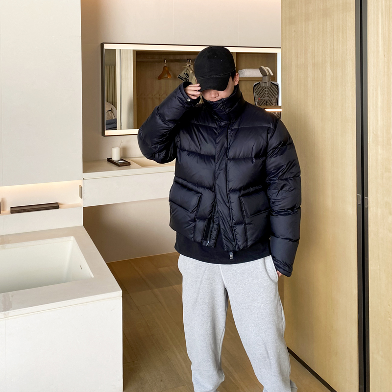 亮面鹅绒羽绒服男短款立领2021冬装新款宽松加厚保暖面包服外套潮