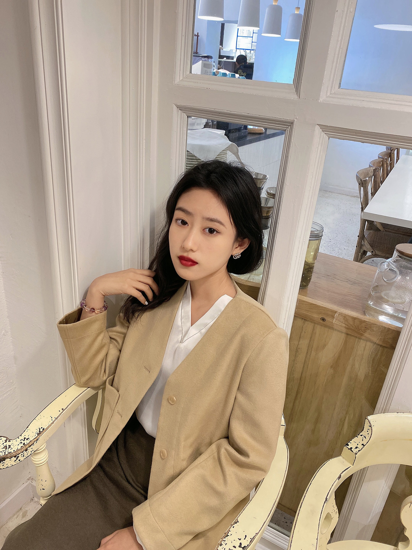 sense神思2020秋冬miyo鲍美瑶同款两色毛呢一边毛呢外套