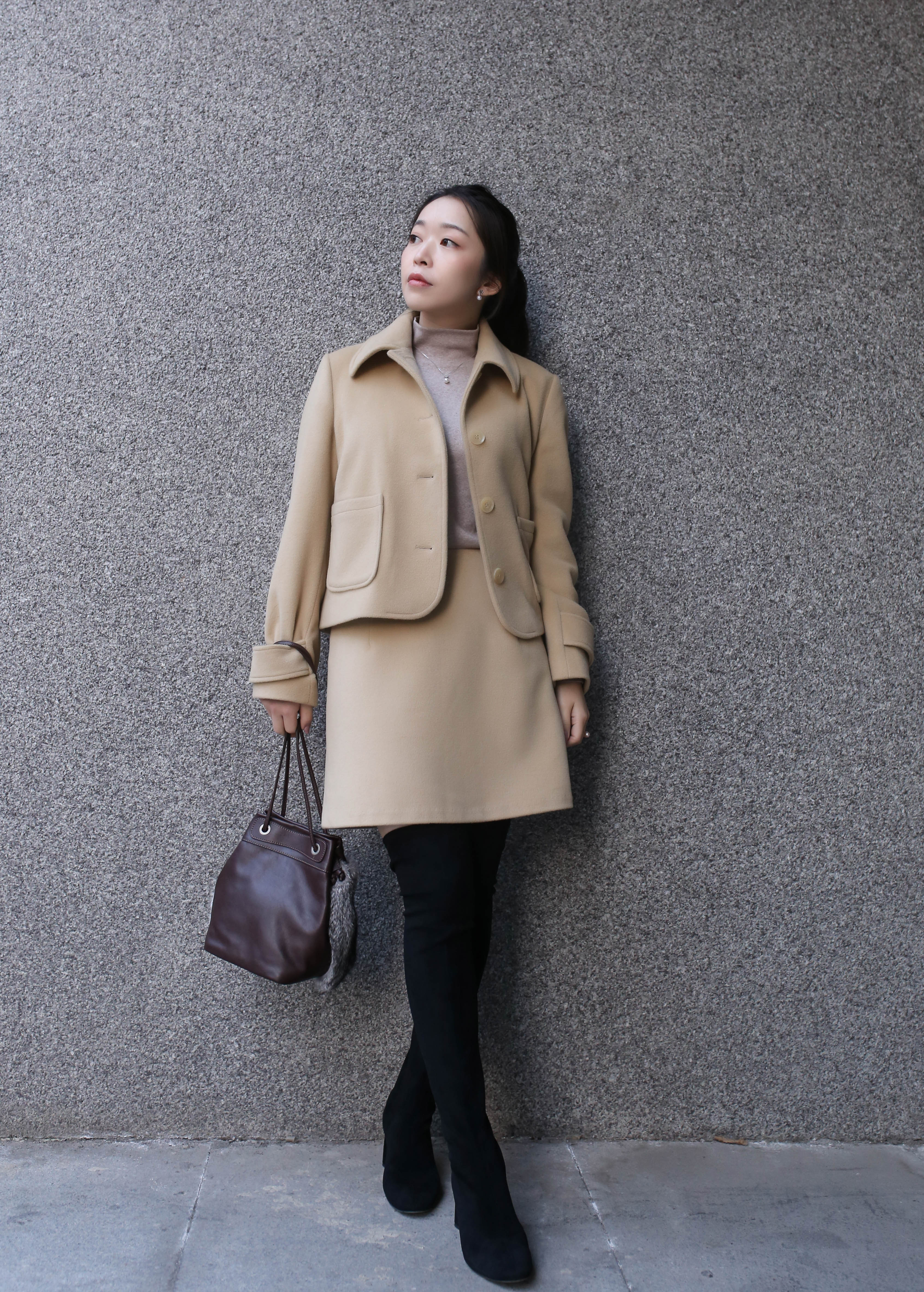 羊毛sense神思2020秋冬miyo鲍美瑶同款驼色半身半身裙