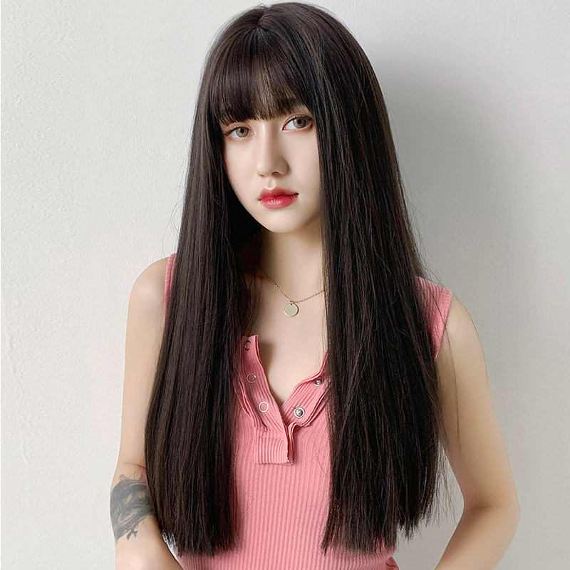 假发长发自然头套长直发黑黑色空气刘海时尚整顶假发