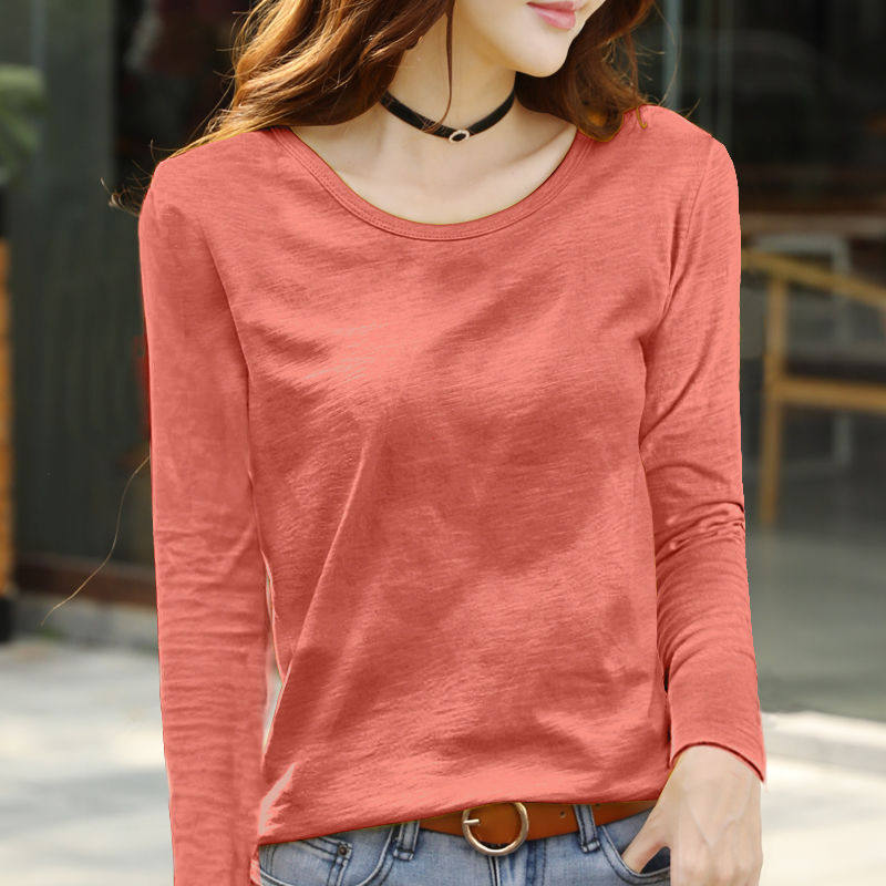 纯棉长袖t恤女士上衣2020春新款宽松圆领竹节棉秋季百搭打底衫 - 时尚