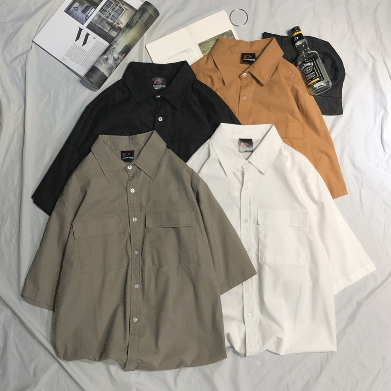 港仔七分袖夏季纯色短袖衬衫男士薄款外套宽松日系潮流工装衬衣