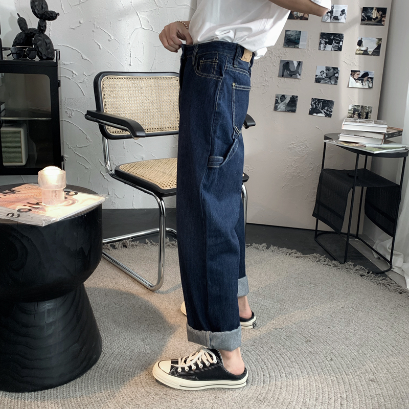 短句先生深蓝色牛仔裤男2022年直筒宽松韩版潮流拖地阔腿休闲长裤