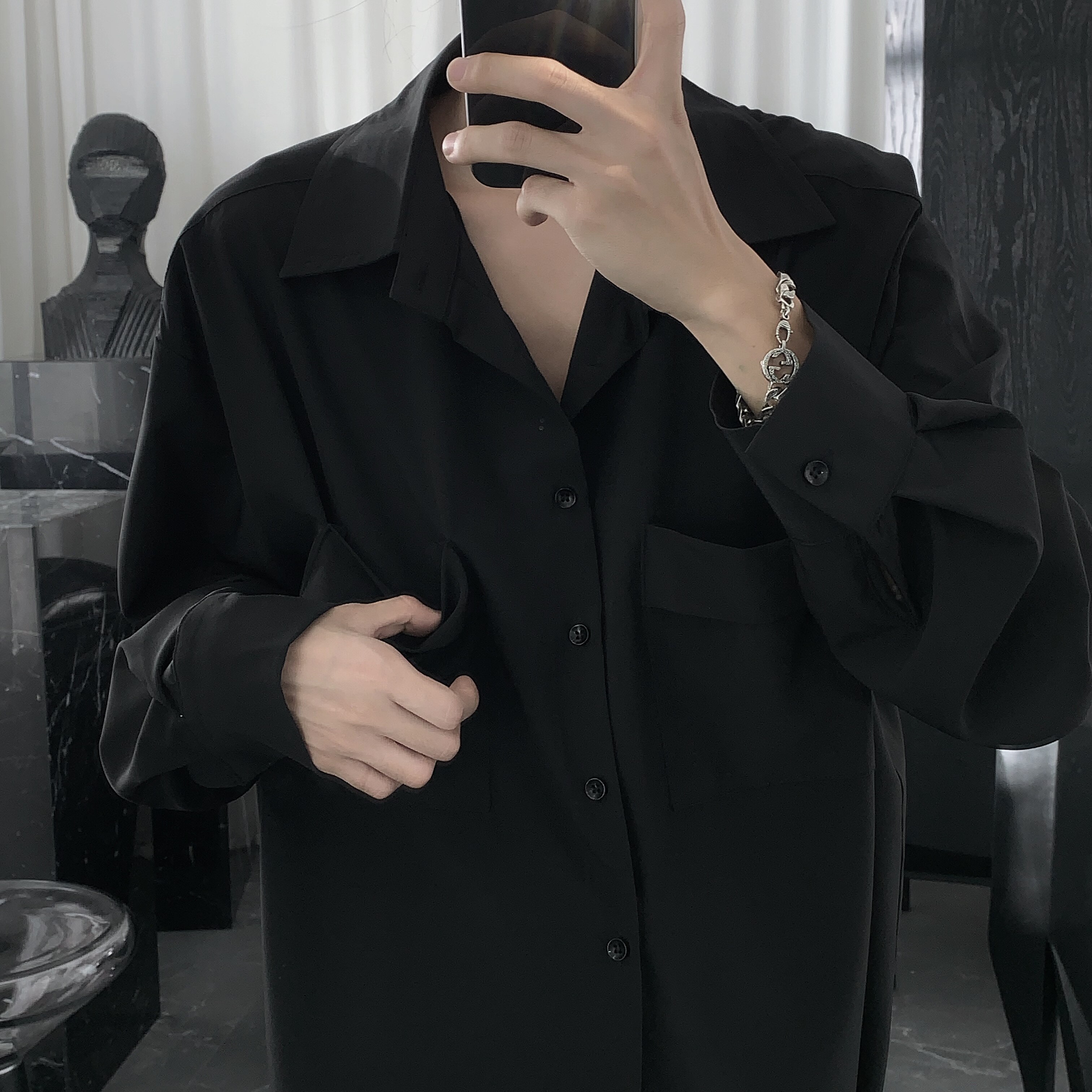 短句先生暗黑禁欲衬衫男韩版潮流宽松长袖黑色衬衫