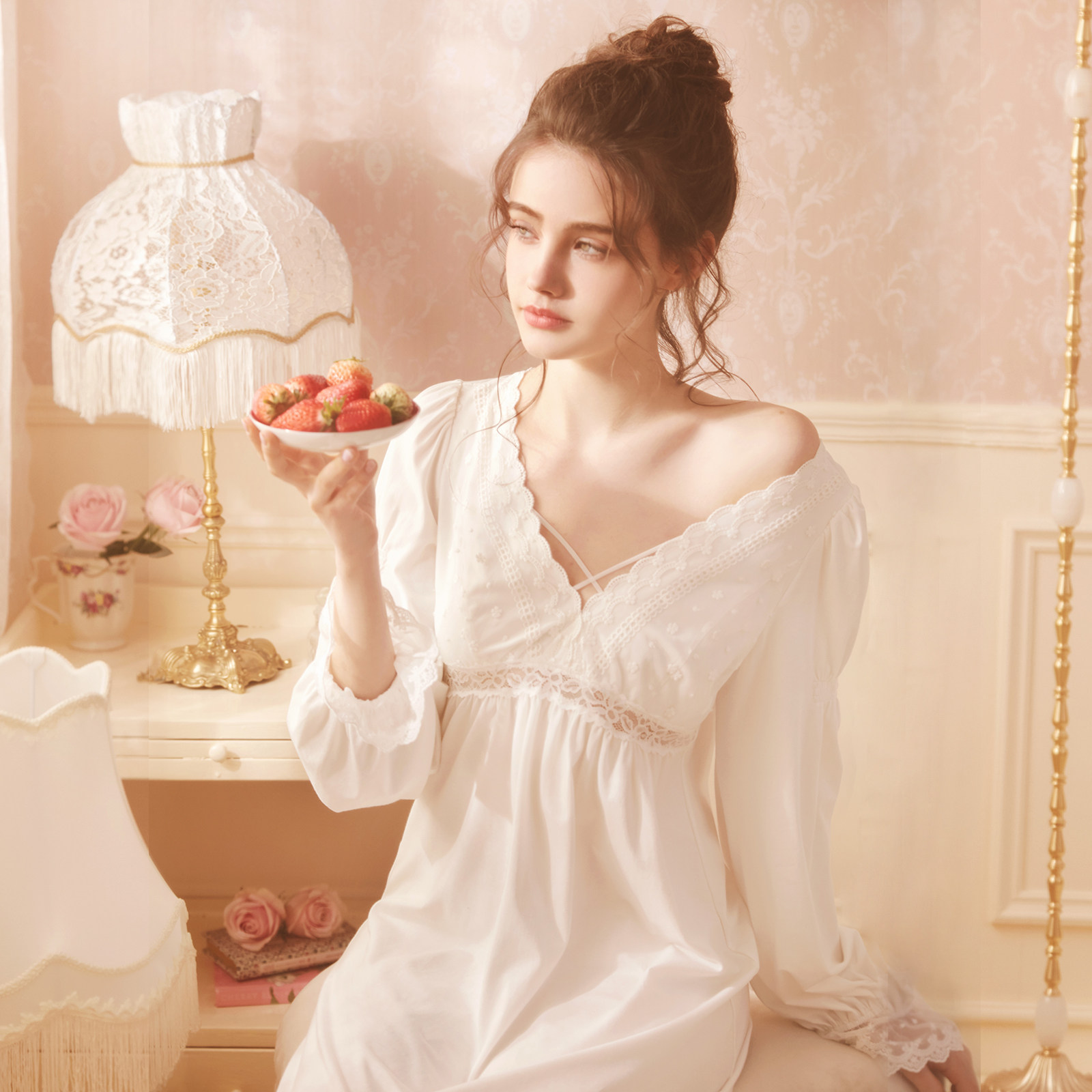 rosetree宫廷睡裙女春秋季薄款长袖长款性感蕾丝睡裙