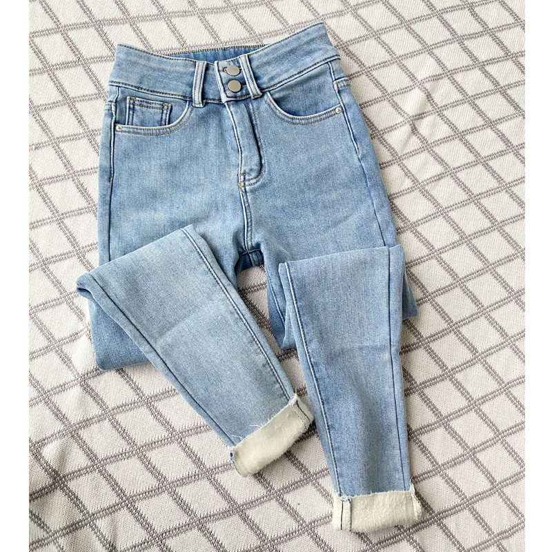 主推！浅蓝高腰加绒牛仔裤女冬显瘦紧身加厚保暖小脚靴裤潮XS小码