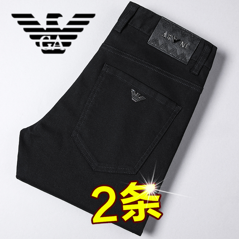 潮牌阿玛尼黑色牛仔裤男弹力修身小脚长裤2021秋冬厚款白色裤子男