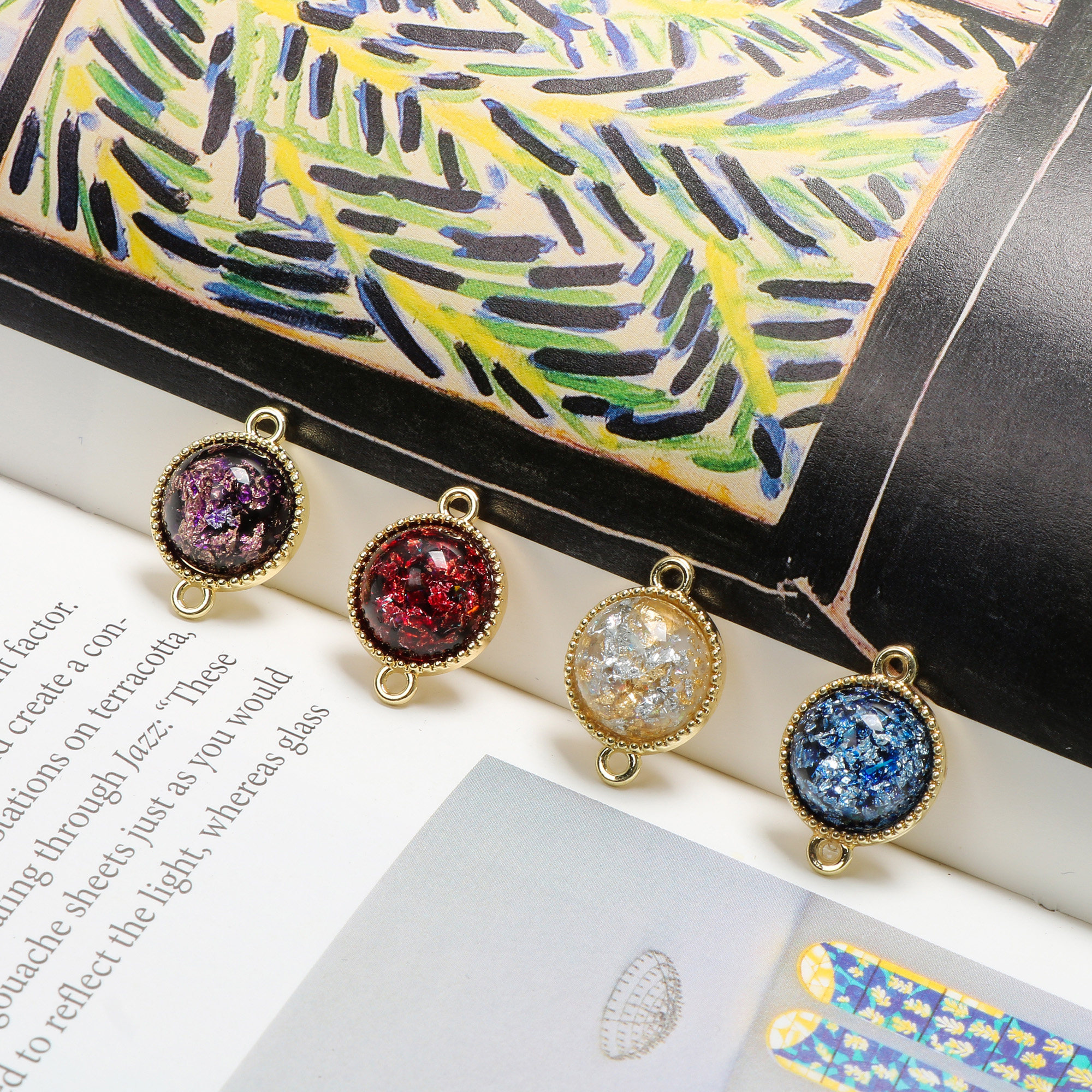 欧泊宝石金银箔树脂半圆贴片双孔合金diy手工其他diy饰品配件