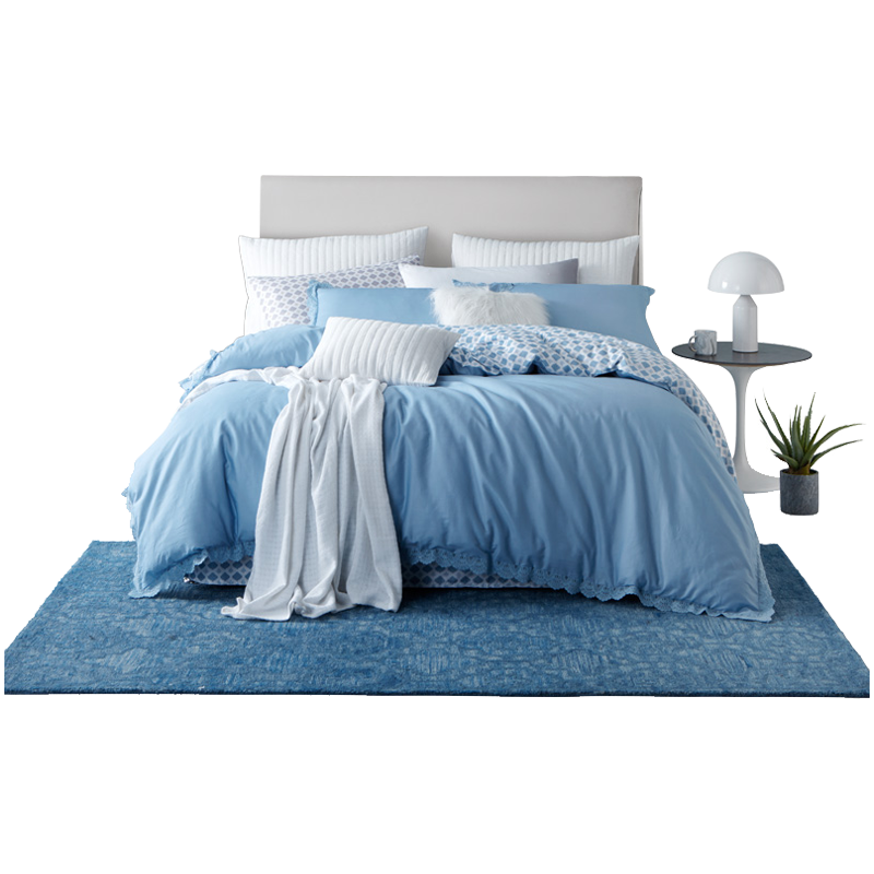 lovo家纺水洗棉四件套简约纯色小清新蕾丝花边床上用品套件1.8m