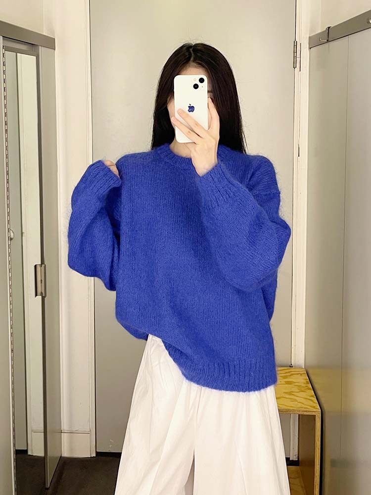 极简cos风标标准版圆领马海毛混纺蓝色针织衫秋新毛衣