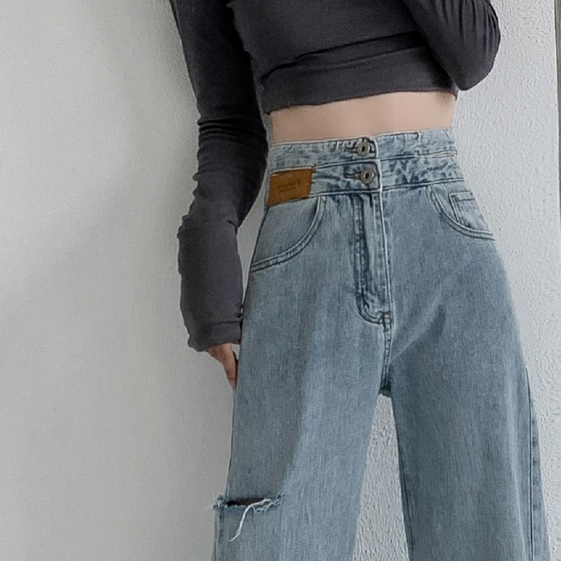 设计感破洞直筒牛仔裤裤女夏天薄款高腰显瘦宽松港味阔腿拖地春秋