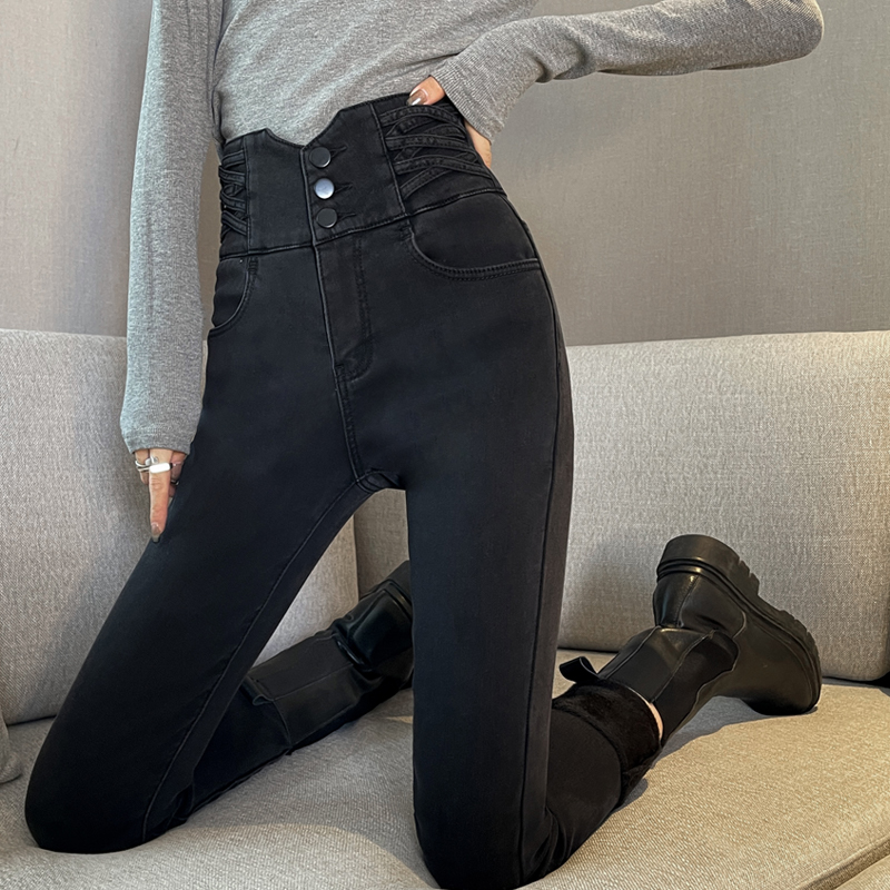 超高腰黑色加绒牛仔裤女秋冬高腰显瘦紧身加厚外穿排扣铅笔小脚裤