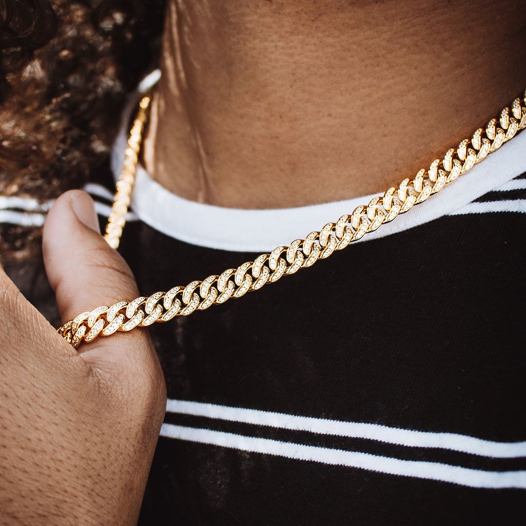 欧美新款8mm单排金色内嵌满钻古巴链男镀金项链