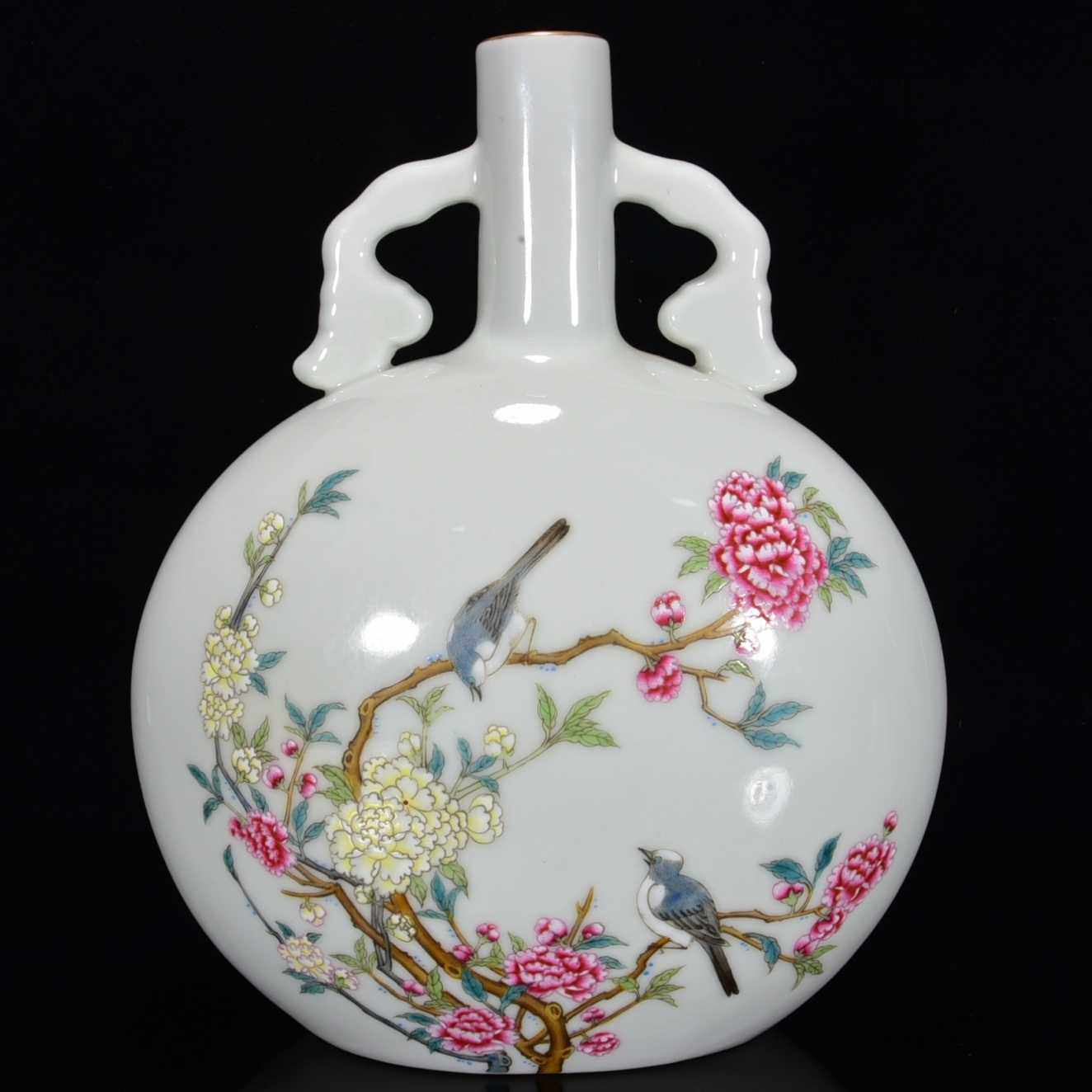 书房瓷器乾隆款粉彩瓷25公分花枝唤友花鸟图抱月摆件