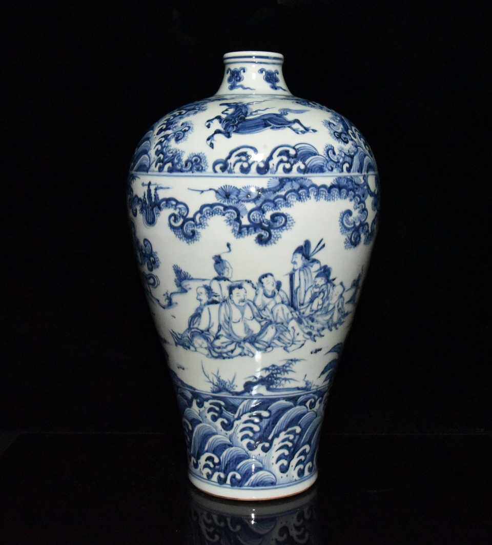 文玩瓷器明天天顺青花瓷25公分八仙人物故事纹梅瓶摆件