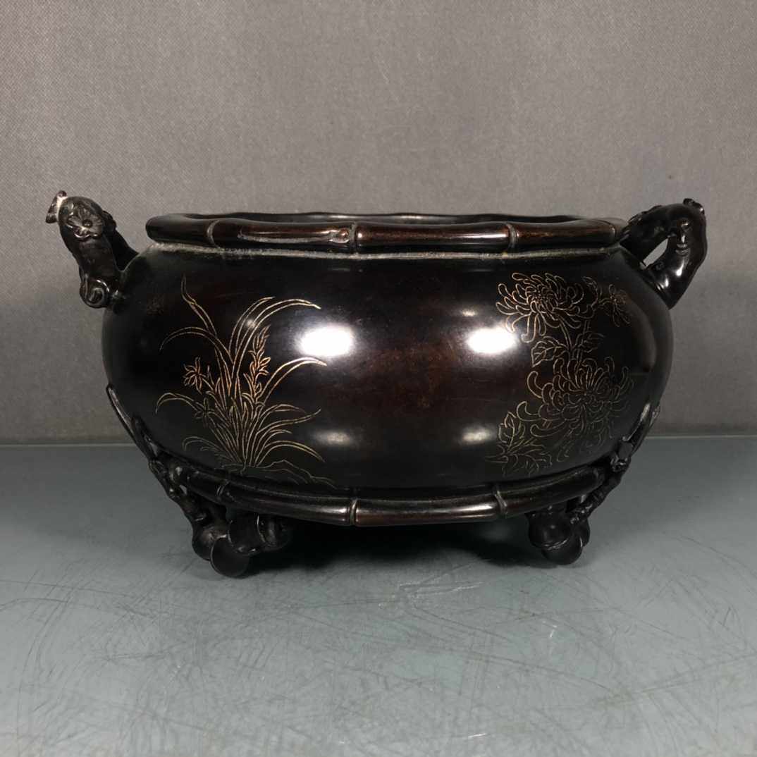 老件紫掐银丝崇祯乙亥款20公分6.9公斤梅兰竹菊香炉摆件茶道