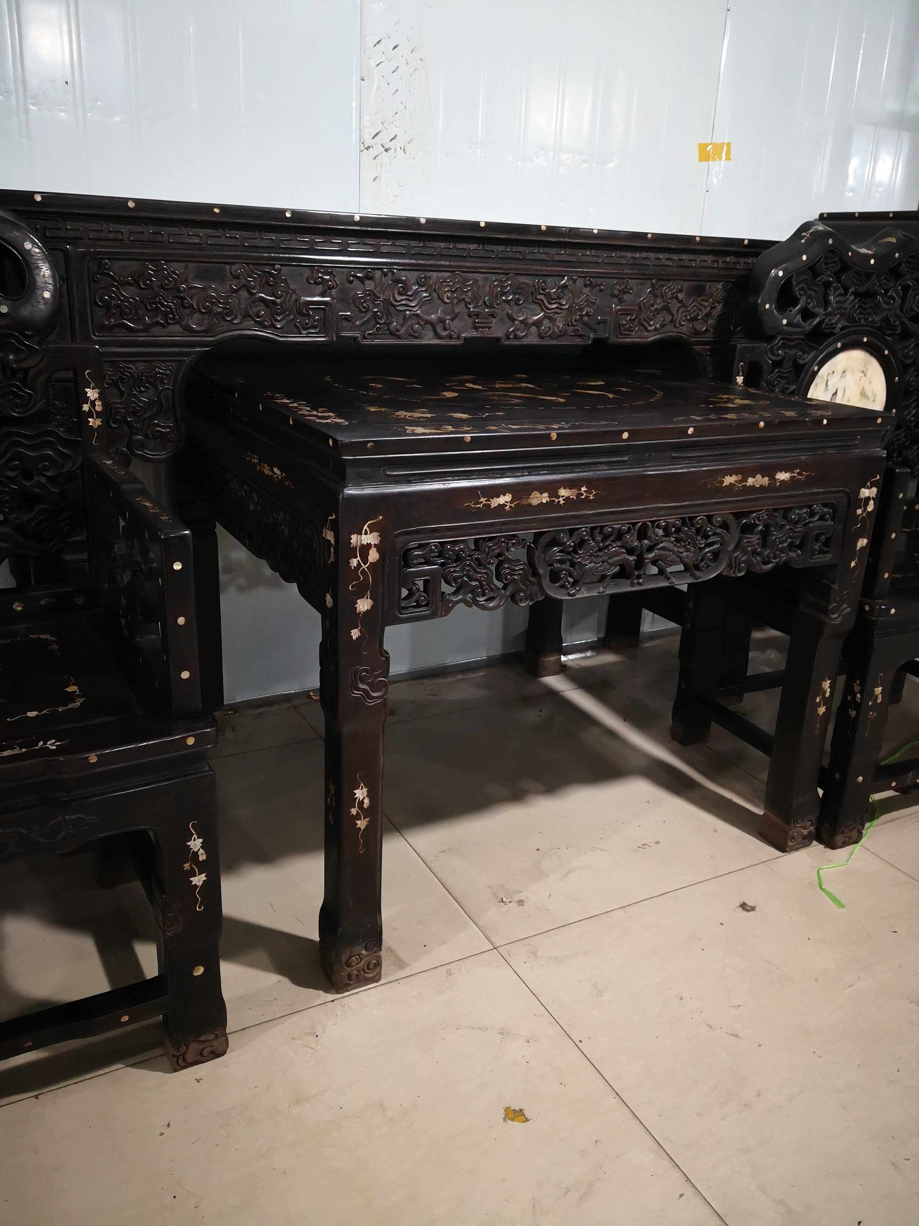 新年献礼紫檀木雕镶贝总长46公分中堂件套摆件圣诞礼品