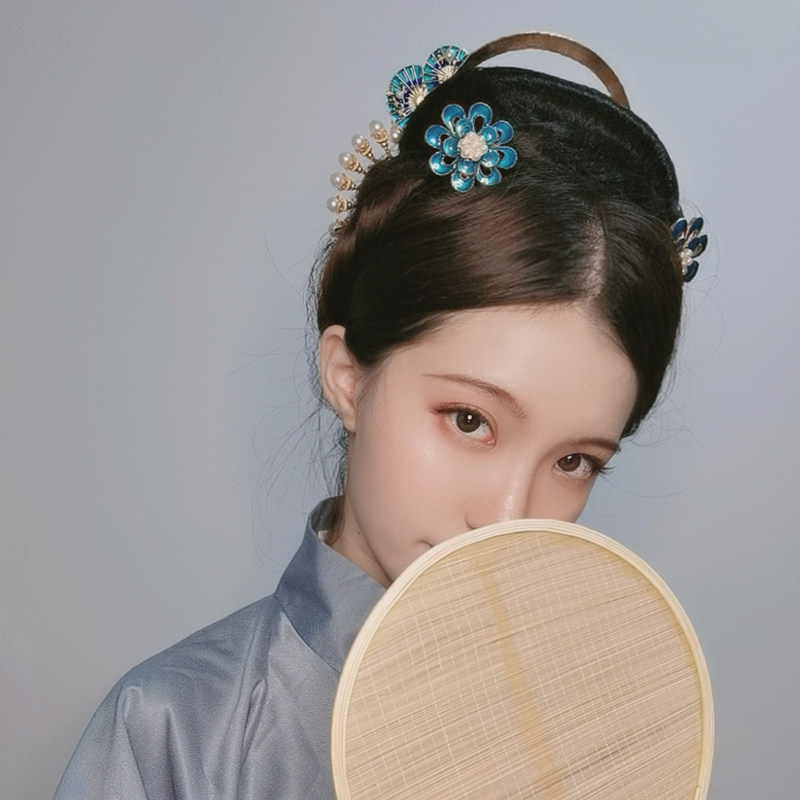 古装风中中式景泰蓝烧蓝扇子钗发金汉服饰品宋制发饰