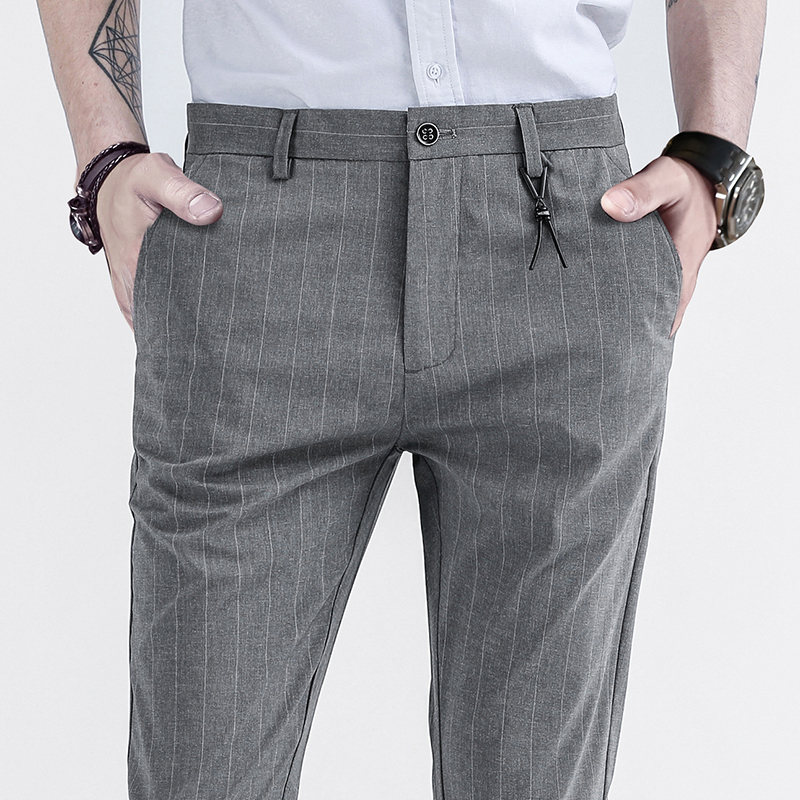 春夏季条纹小西裤男装商务休闲修身小脚9分裤正装上班垂感九分裤