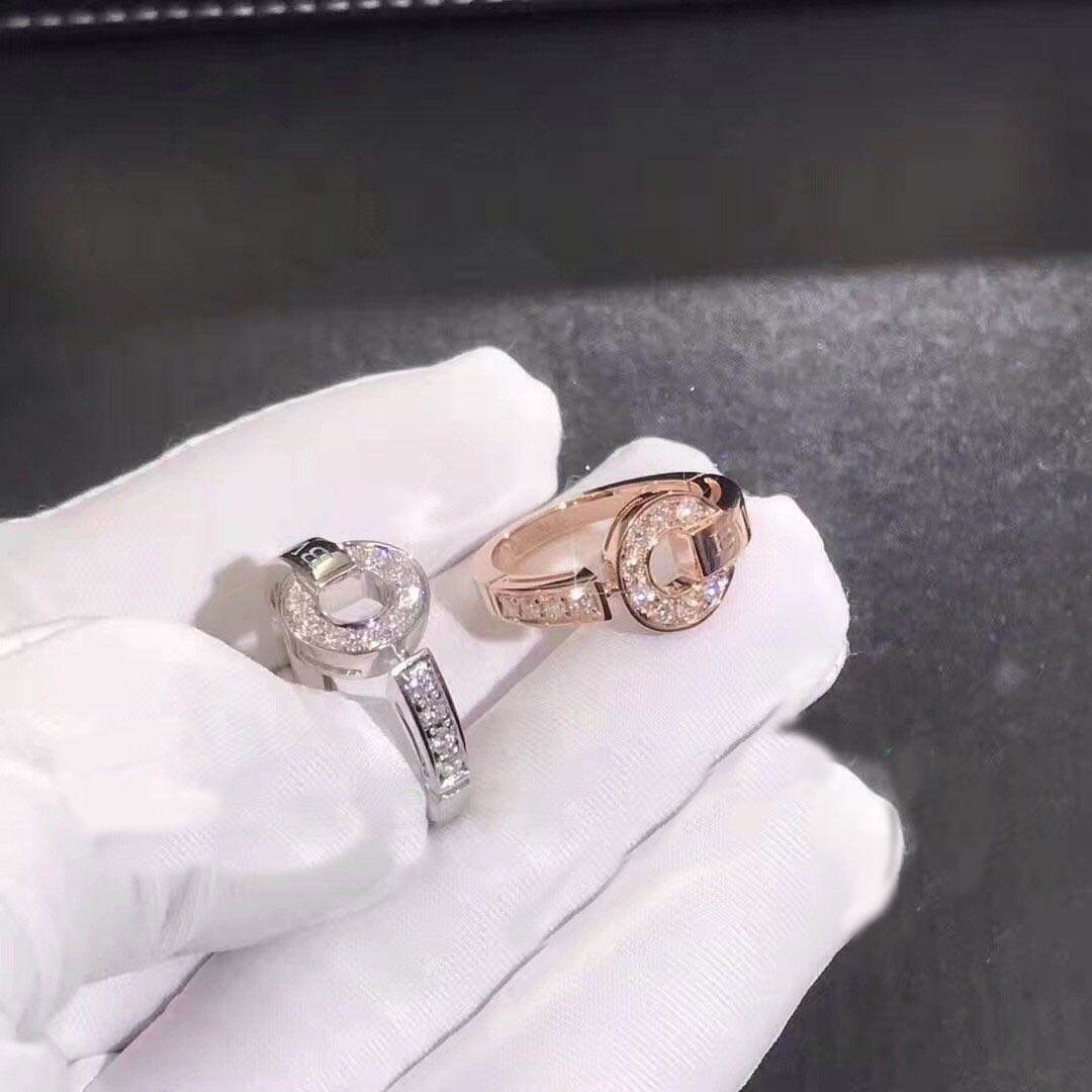 柜宝格丽正铜钱戒指男女情侣款 纯银镀18k玫瑰金带钻对戒