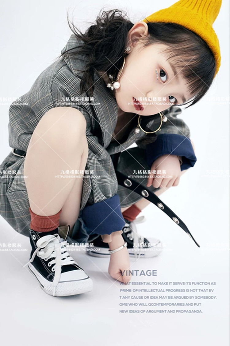 影楼主题写真儿童摄影服装女童个性艺术照格子西装走秀演出服模卡