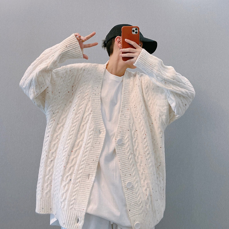 dannyandzee春季国潮高街彩点百搭情侣麻花编织V领针织开衫毛衣男